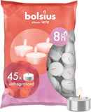 Bolsius 8 Hour White Tealight Candles (45 Pack) | Long Burning, Unscented, Smokeless & Drip-Free Household Premium Tealights for Home Decor, Events, & Cosy Ambiance