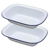 2 x Falcon Oblong Enamel Pie Dish Non Stick Oven Baking Dish White Blue Rim 18cm